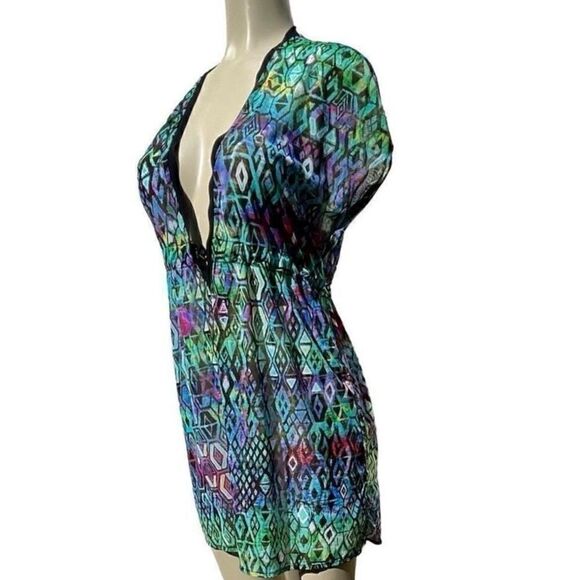 Profile Size Medium Purple Blue Abstract Print Semi-Sheer Boho Cover-Up Dress - Picture 9 of 9